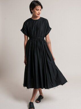 Black Crane Cotton Pleated Dress in Navy